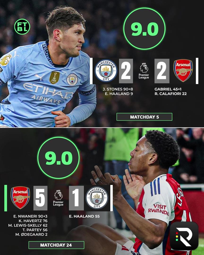 意外嗎？外網球迷票選英超賽季最佳比賽，兩回合阿森納vs曼城居首